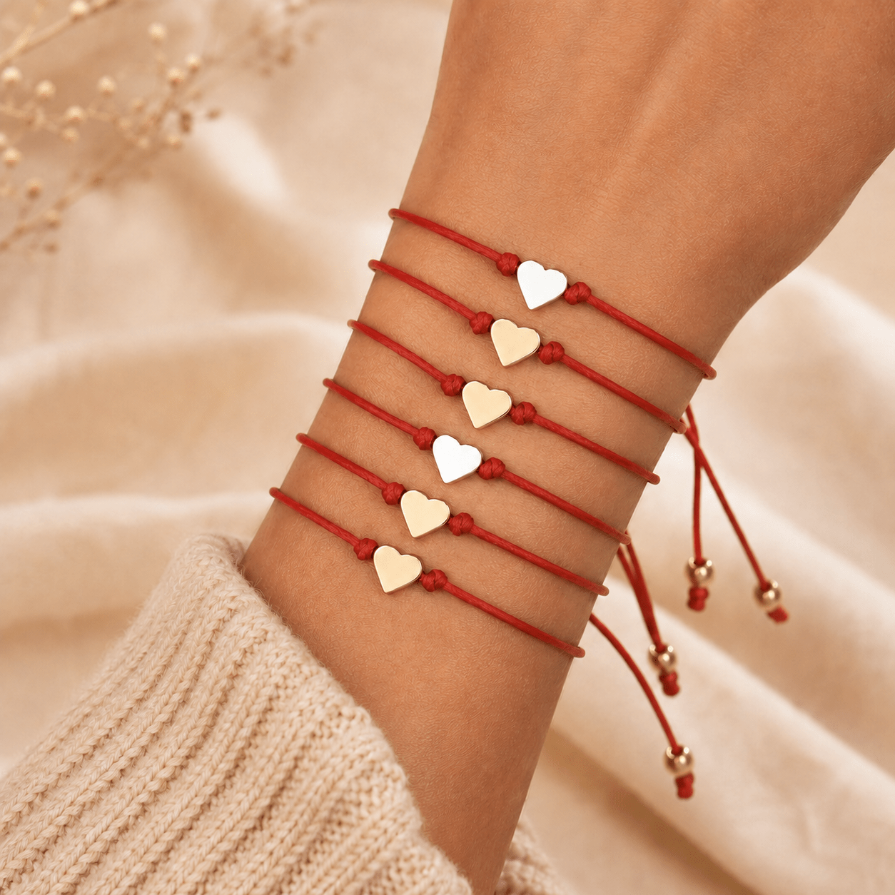Image of 6pcs Women's Bohemian Vintage Alloy Heart Red Braided Cord Adjustable Pull-string Bracelet Set, For Daily Wear, Vacation, And Parties, Valentine's Day Gift, Birthday Gift