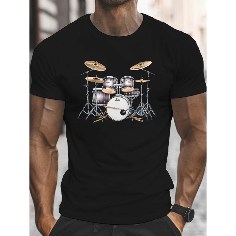 

Wear, Cymbals Drum Set Print, Men's Round Crew Neck Short Sleeve Tee, Casual T-shirt Casual Comfy Lightweight Top For Summer