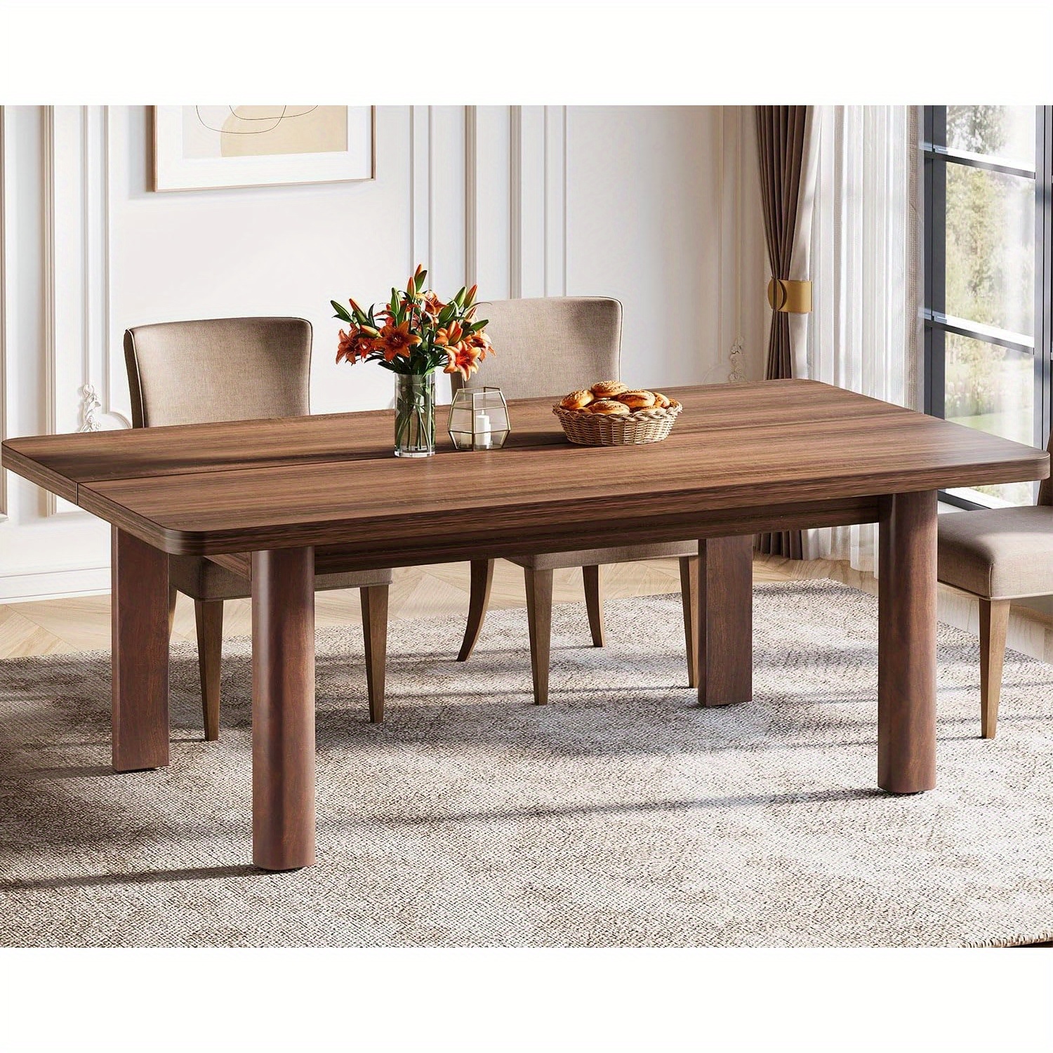 63" Wooden Farmhouse Dining Table - Rustic Brown Finish for 4-6 People