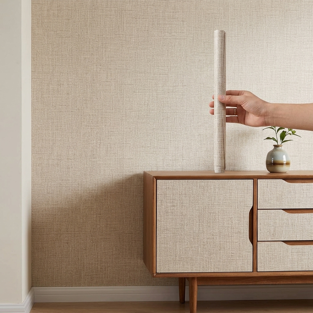 TEMU 1 Roll Of Self-adhesive Beige Linen Texture Wallpaper, Peel-and-stick Adhesive Wallpaper, Cream-style Furniture Renovation Sticker, Suitable For