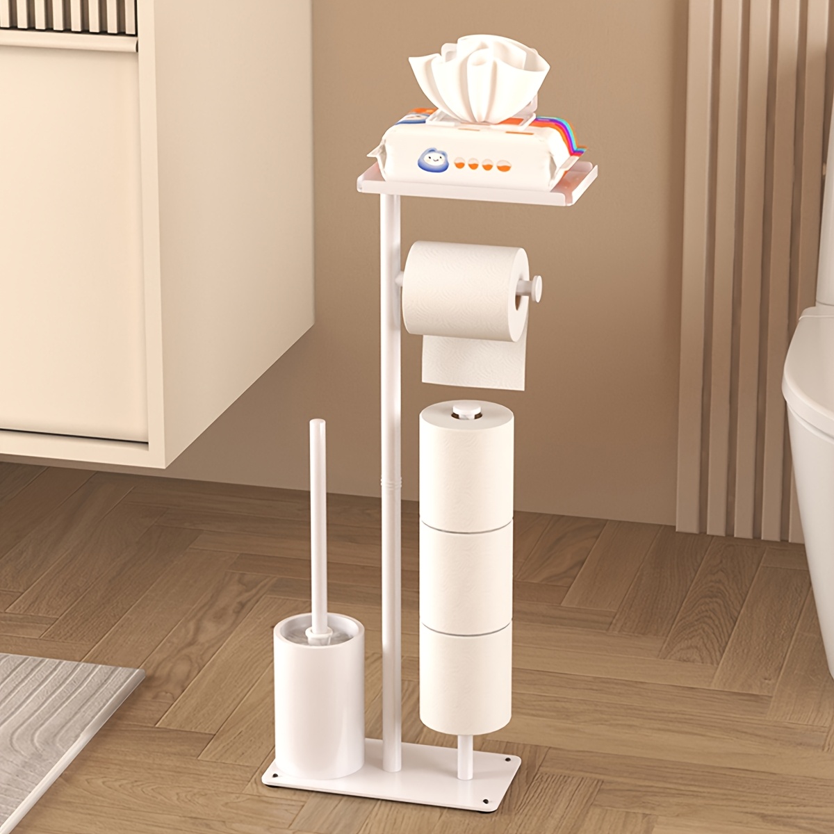 1pc Freestanding Toilet Paper Holder With Storage Shelf And Toilet Brush, Space- Modern Bathroom Organizer