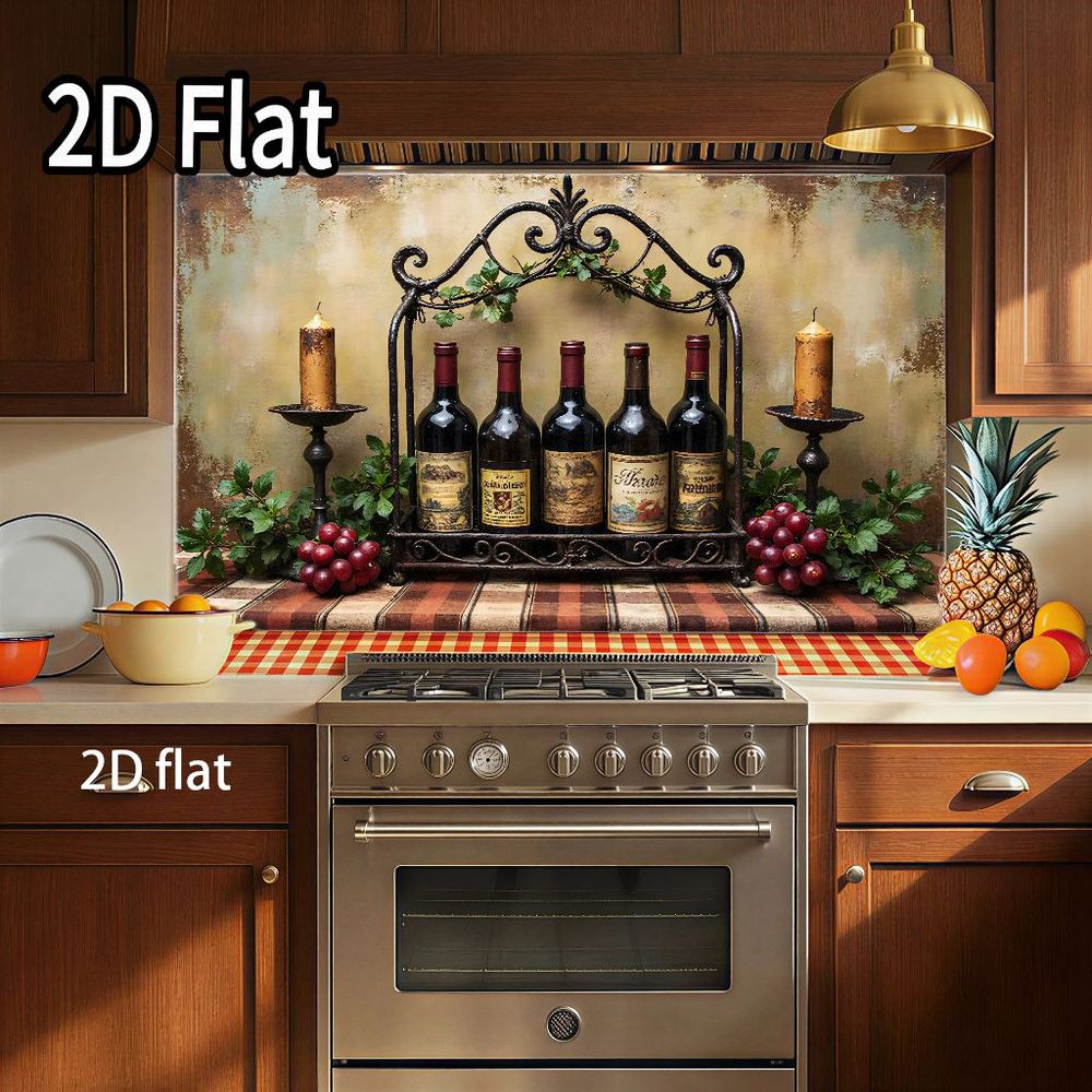 TEMU 2d Flat 1pc Vintage Wine Bottle And Grape Design For Rustic Farmhouse Kitchen Backsplash Decoration; Self-adhesive, Removable Art Decals For