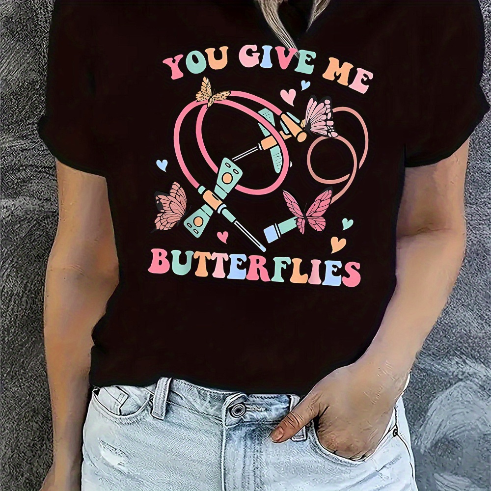 

Women' Casual Round Neck Short Sleeve T-shirt, "you Give Me Butterflies" Print, Geometric Pattern, Knitted Polyester, Comfortable , Ladies Sportswear