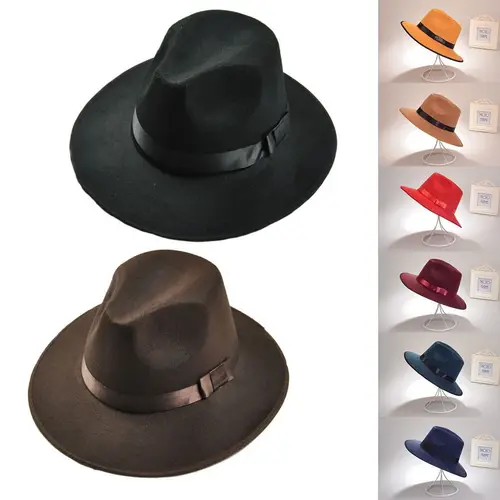 unisex vintage fedora hat adults classic wide brim bowknot jazz cap black grey