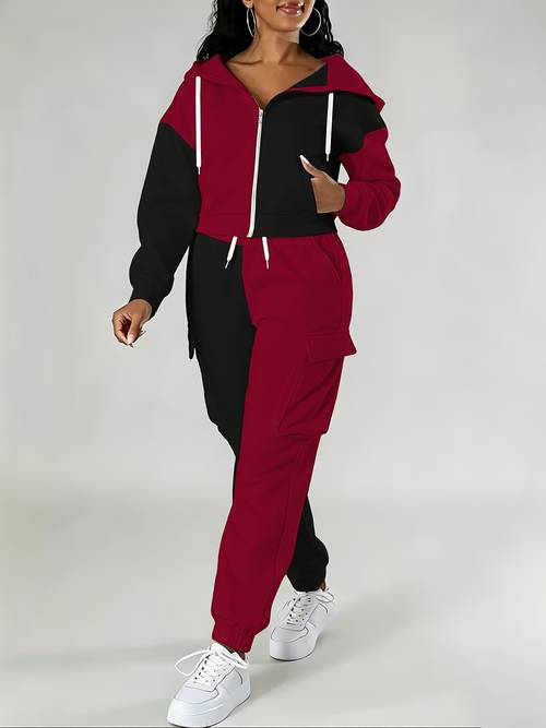 womens color zip up hooded sweatshirt set 2pcs casual sportswear set elastic drawstring waistband with multiple side cargo pockets of items