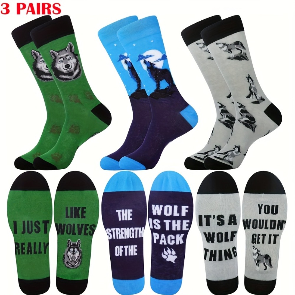 TEMU 3-pair Men's Wolf Socks, Fun Colorful Wolf Socks For Men, Gift For Dad, Grandpa, Or Uncle On Father's Day, Novelty Creative Wolf Socks Gift For