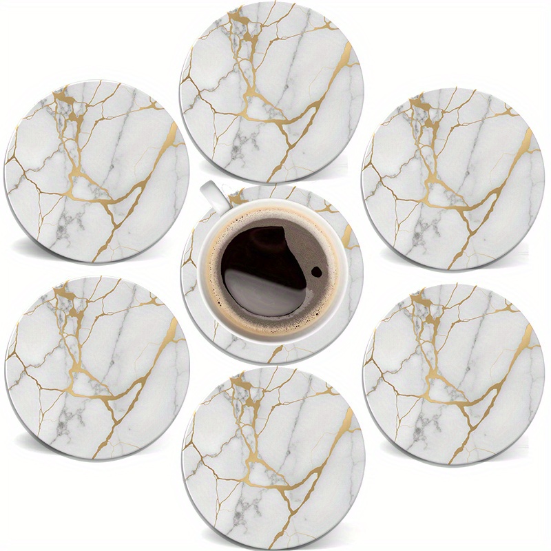 TEMU 6pcs Set Of Round Wooden Coasters, Featuring A Fashionable Texture Design With Golden Lines, Protecting Desktops From Hot Or Cold Drinks. Ideal