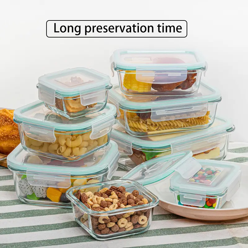 16pcs glass food container set lunch boxes portable storage for microwave and dishwasher locking lid rectangular borosilicate glass for refrigerator and kitchen dining containers 8 lids details 4
