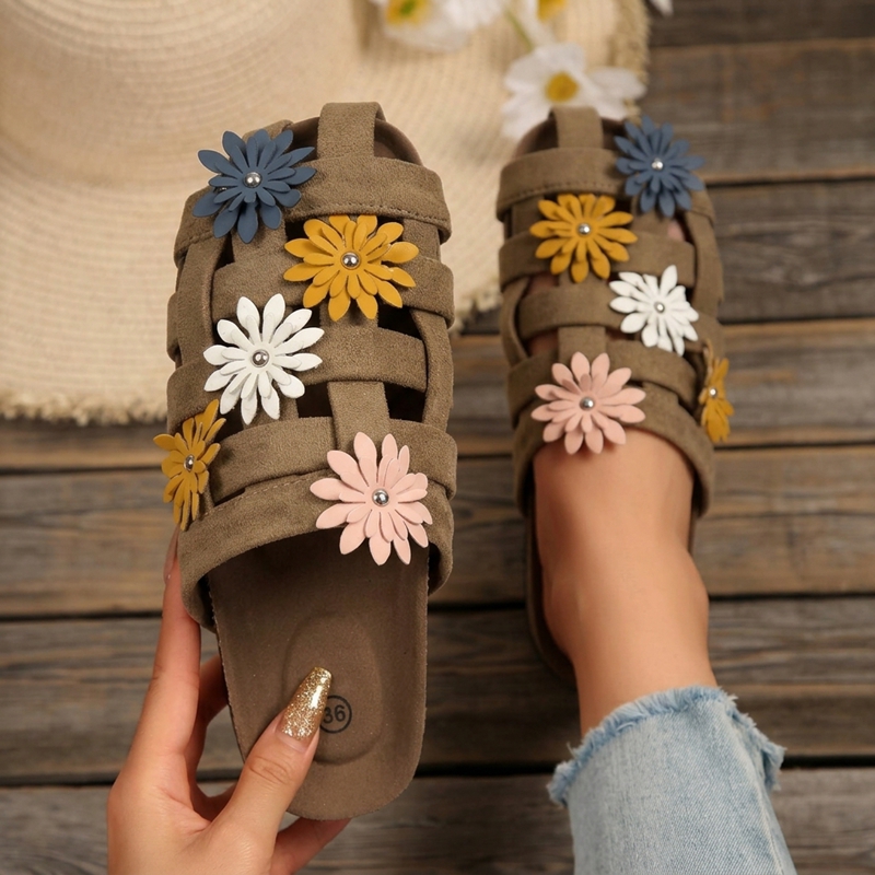 TEMU Women's Summer Breathable Casual Mule, Flat Comfortable Vintage Floral Woven Slides, Half-toe Outdoor Casual, Women Shoes