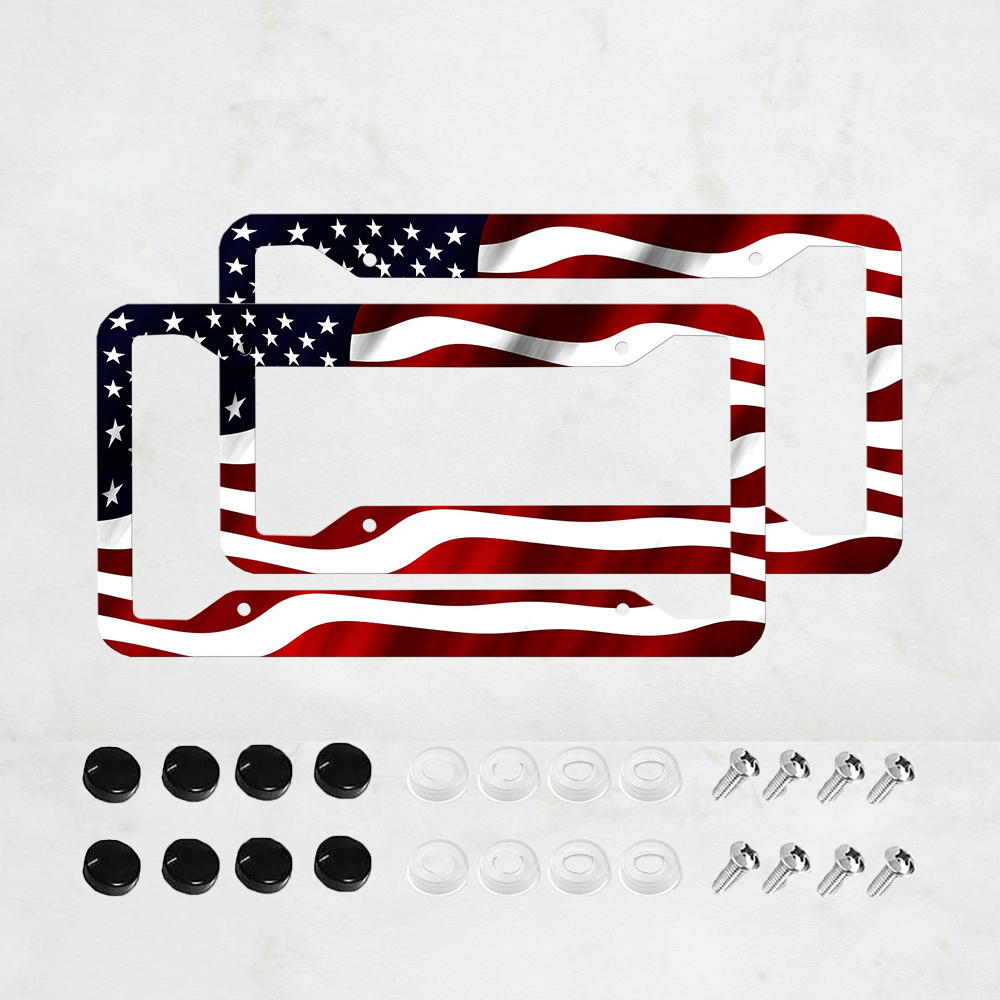 TEMU 2pcs American Flag Car License Plate Frame, Colorful Aluminum Plate Cover With 4 Pre-drilled Holes And Screws, Standard Size 12x6 Inches, Universal Fit . S. Vehicles