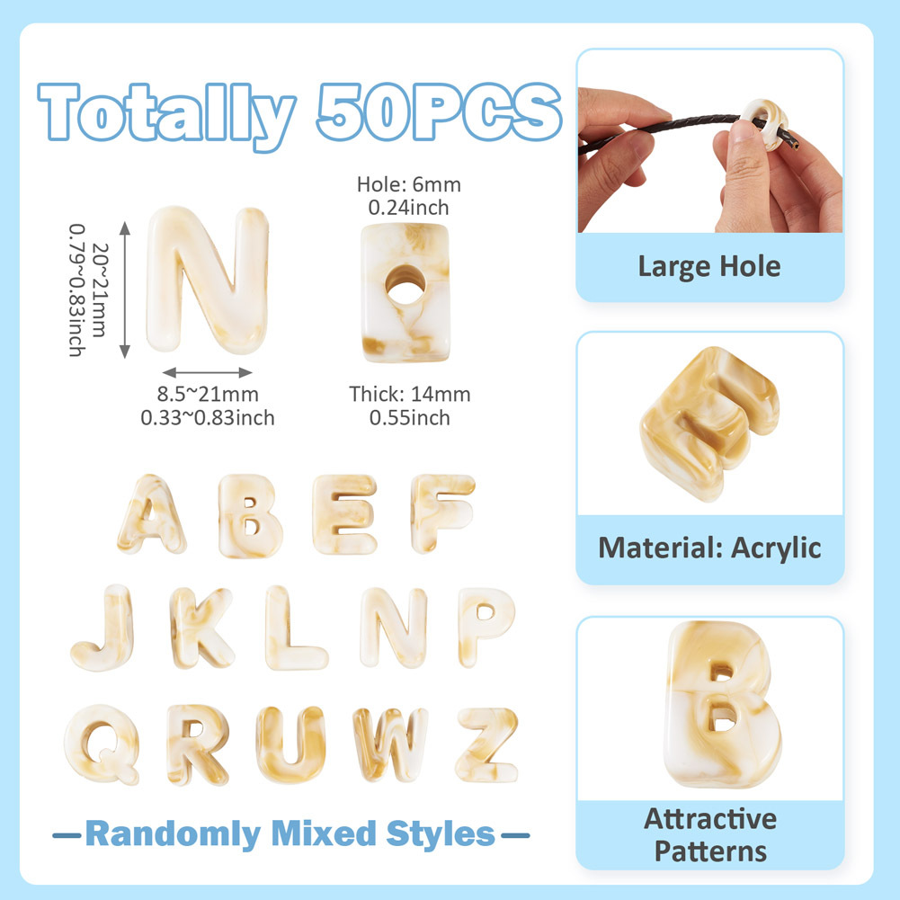 TEMU 50pcs Acrylic European-style Beads, Large-hole Beads, Mixed Letter Designs, Size 20~21x8.5~21x14mm, Suitable For Jewelry Making (earrings,