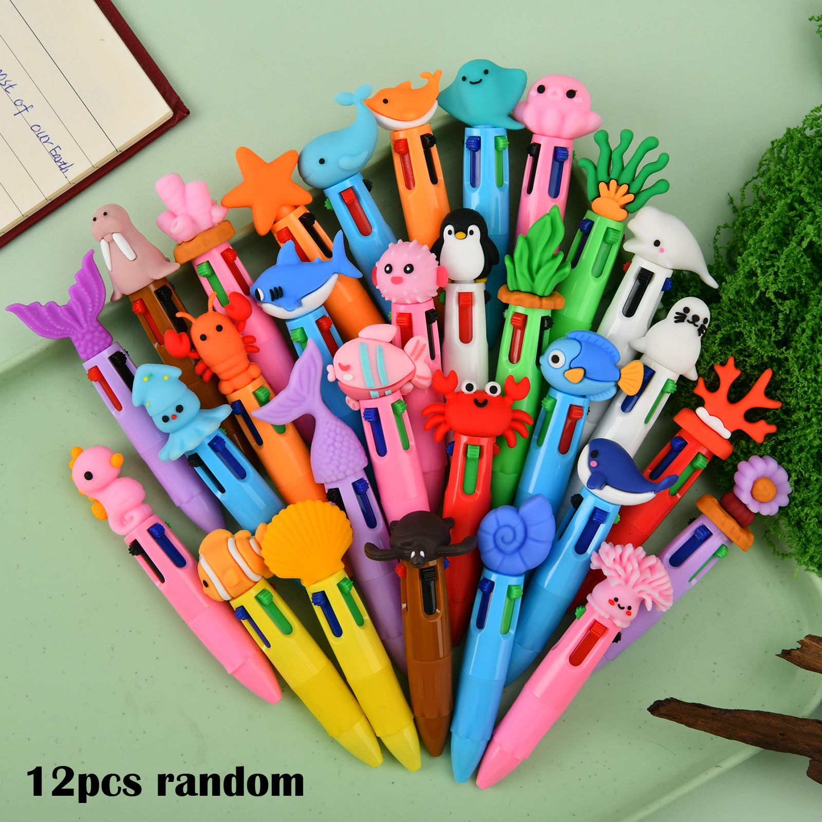 Image of 12pcs New Marine Animal Retractable Mini Ballpoint Pen Random Style, With Marine Animal Elements Such As /turtle/lobster/shark, Student Daily Writing Stationery/party Gifts