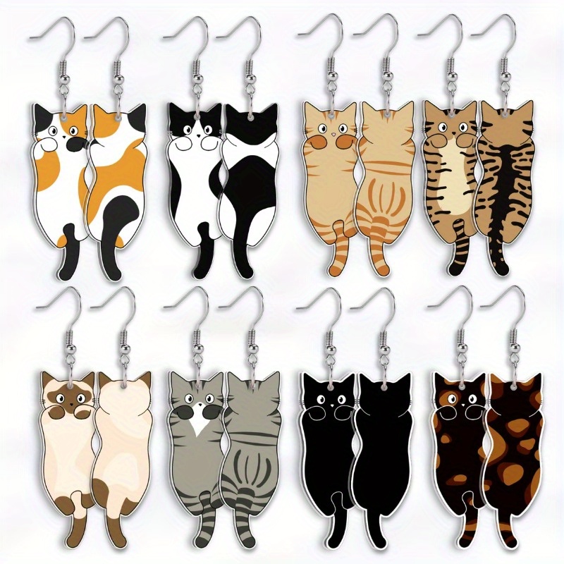 8 Pairs Of Adorable Vintage Cat Earrings Set - Colorful Acrylic For Women, Dangling Earrings| Cat Design|durable Earrings