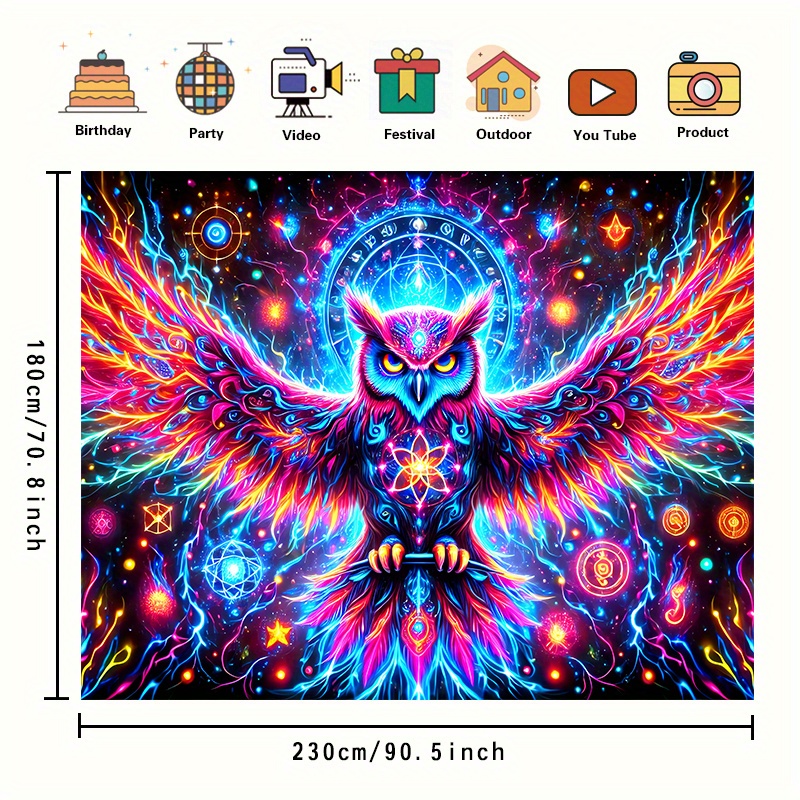 Vibrant 3d Neon Owl Tapestry Psychedelic Wall Hanging For Bedroom_voghion.com