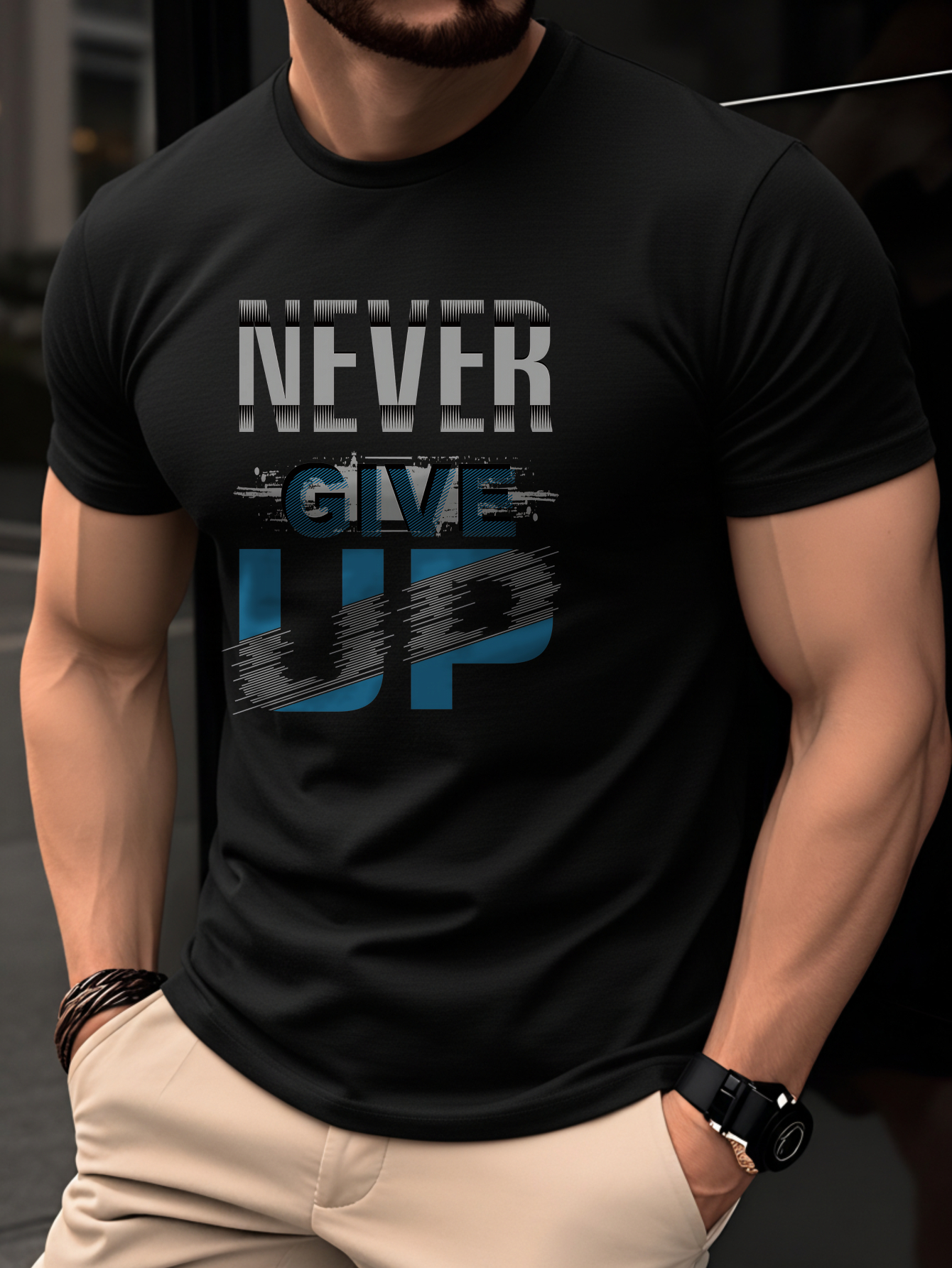 100% Cotton Men's T-Shirt, Summer Short Sleeve Thin Top, Trendy Fashion Slim Fit Youth Casual Versatile Daily Commute Sports Fitness NEVER GIVE UP English Print Letter Pattern