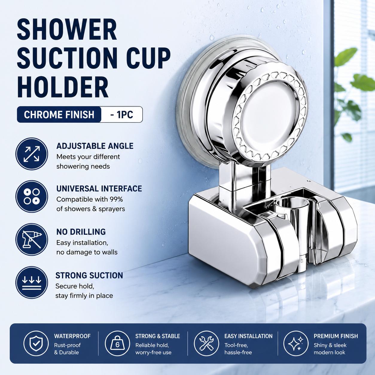 TEMU Support de douche à ventouse réglable, support de pommeau de douche à main pour salle de bain, installation à ventouse murale, perçage -