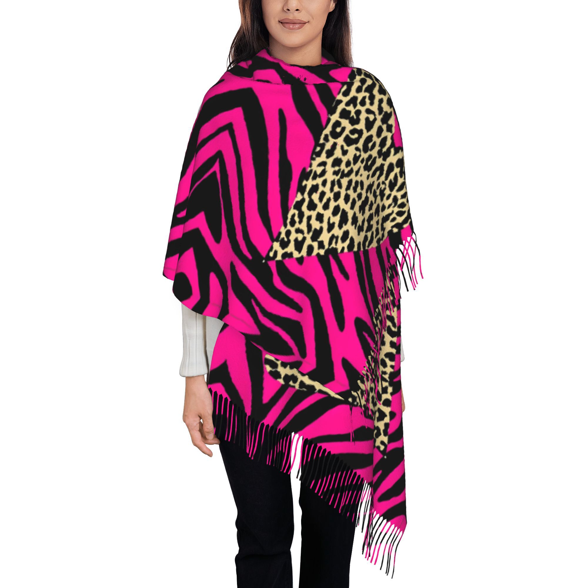 TEMU Leopard Zebra Print Fringed Scarf Shawl - Retro Print (leopard & Zebra) Fringe Trim Warm Suitable For Cycling, Birthdays, Christmas, New Year,