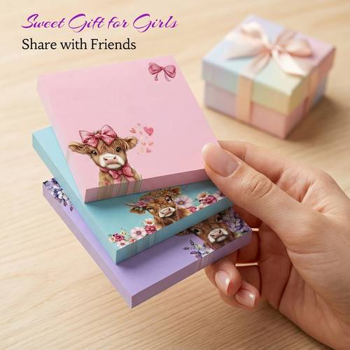 100 150 sheets of highland cow themed sticky notes random 2 3 patterns each pattern 50 sheets message stickers cute cow pattern stickers small sticker suitable for note taking and marking suitable for office and home use