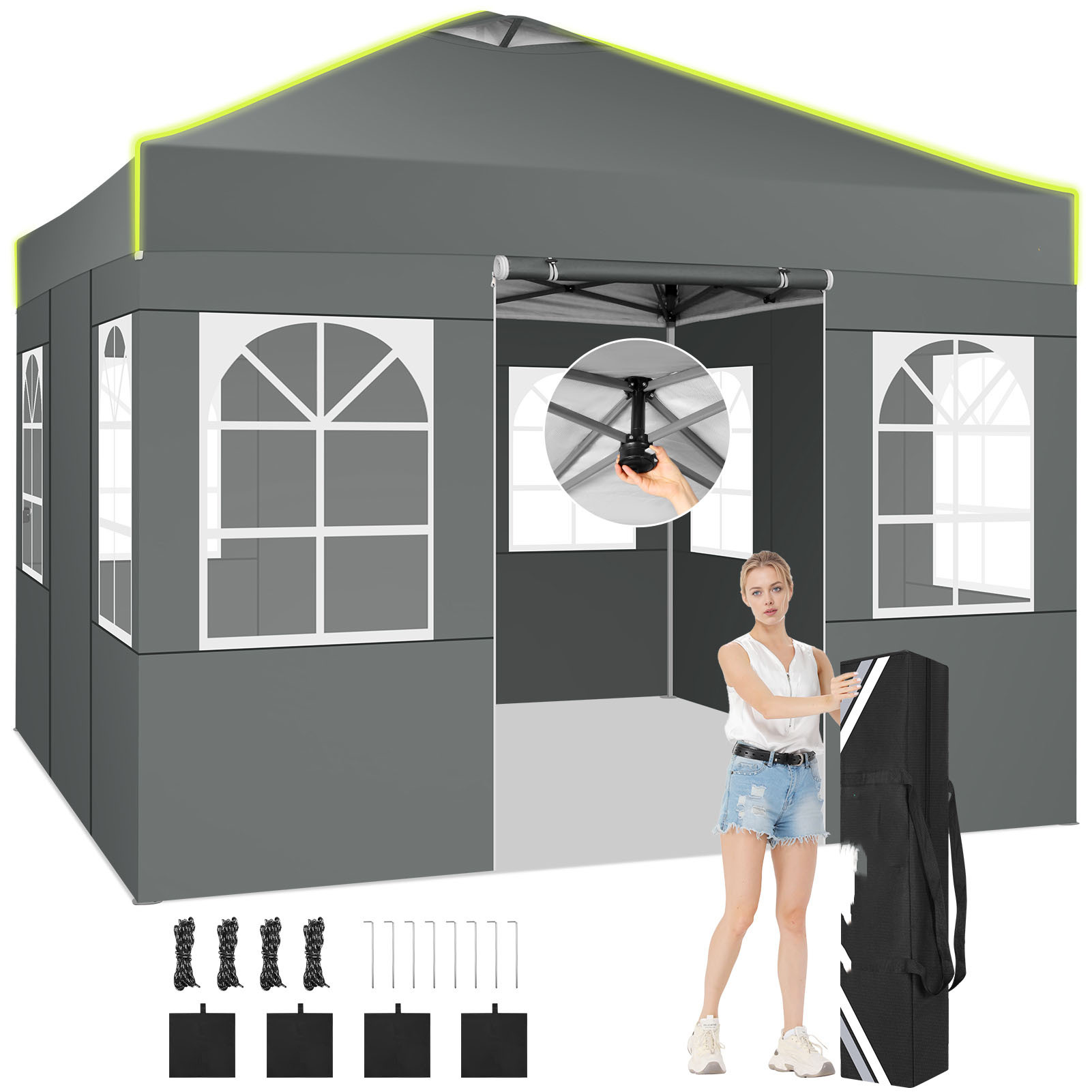 3x3m Enopostavna Pop Up Šotorska Nadstrešnica s 4 Snemljivimi Stranskimi Stenami, 3 Nastavljivimi Višinami, z Ventilacijskimi Odprtinami in
