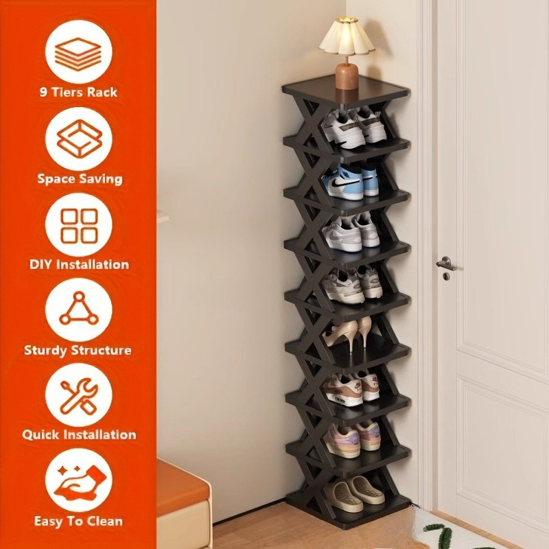 TEMU Organisateur d'étagère à chaussures d'angle encombrant - Étagère en plastique robuste haute et étroite à 6/9 niveaux pour 6/9 paires de