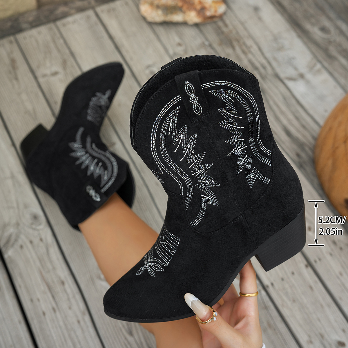Image of And Brown Cowgirl Ankle Boots, Wing Pointed Stacked Heel Western Boots For Casual Streetwear, Women Shoes