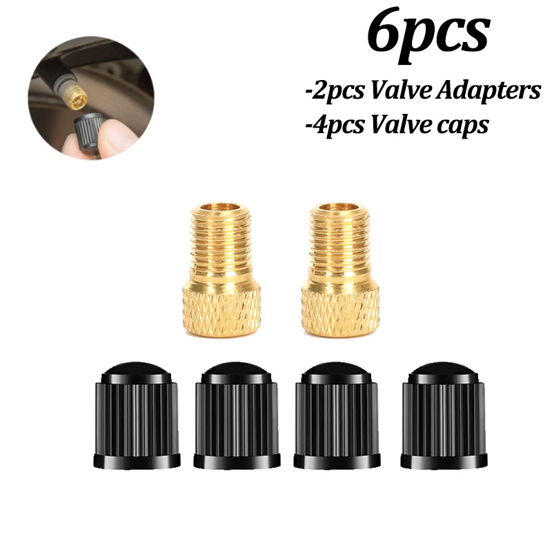 Image of 6pcs Set Bicycle Valve Adapters With Black Pe Tire Valve Cap For Bicycle Valves To Car Valves.