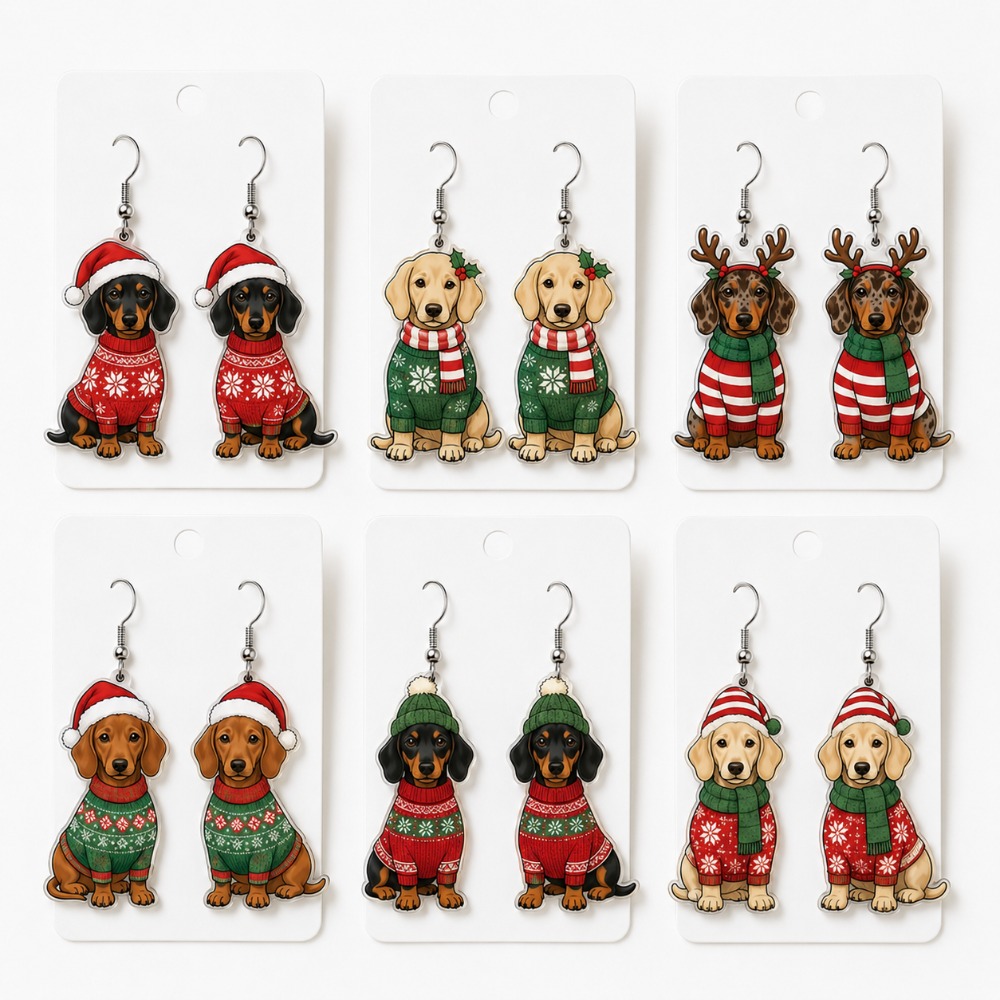 TEMU 6-pair Women's Acrylic Holiday Earring Set, Fashionable/trendy/versatile For Daily Wear/christmas Themed, Cute Santa Hat/dog Patterns, Suitable