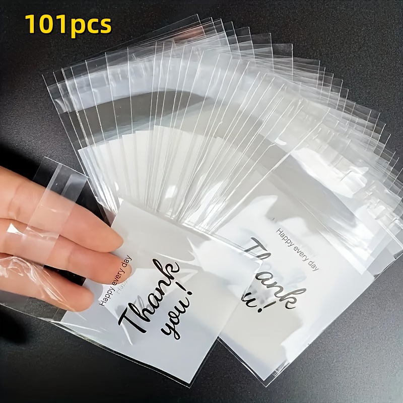 TEMU 100 Thank You Plastic Gift Bags- Self-sealing Transparent Jewelry Packaging Bags With Elegant Handwritten Design, Suitable For Parties,