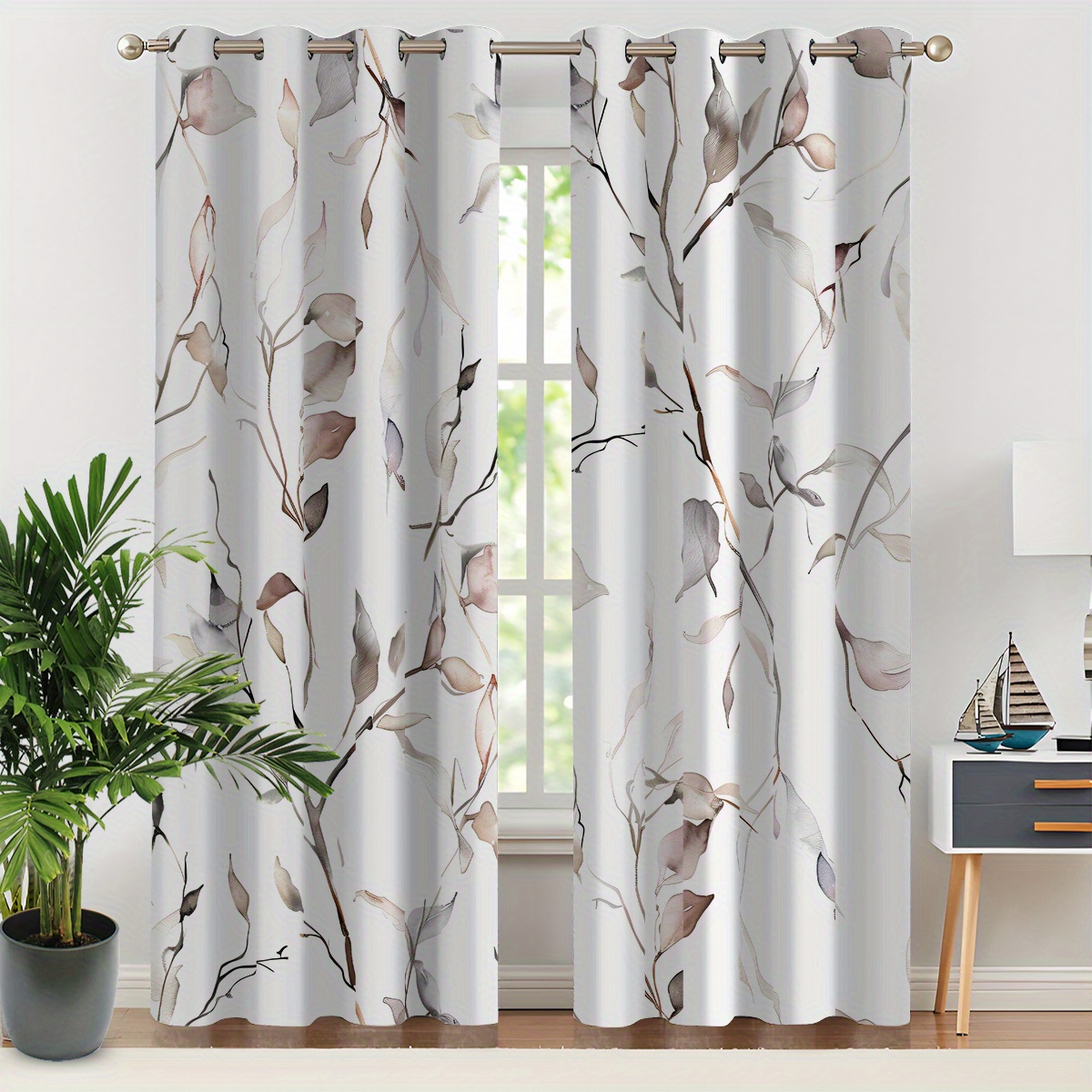 2pcs "flowers, Leaves, Nature, Freshness. . Twigs. 3d Digital Printing Technology, Living Room Bedroom, Balcony Study Decoration Translucent Curtain Fabric."