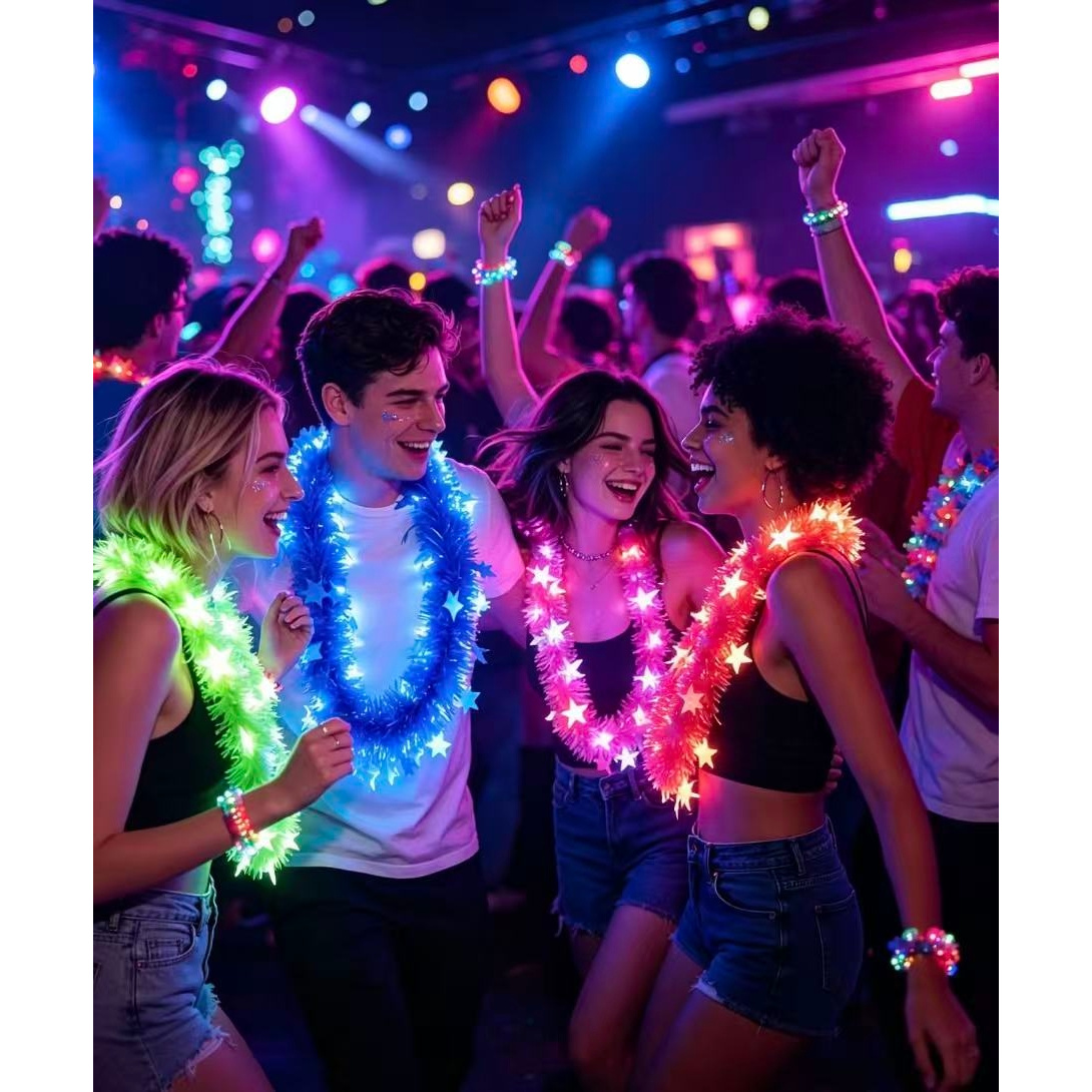 Image of Random Color Glowing Neon Star Tinsel Neck Wreath, Fluorescent Wearable Party Garland, Festive Neck Decor Photo Props For Music Festivals Halloween Christmas
