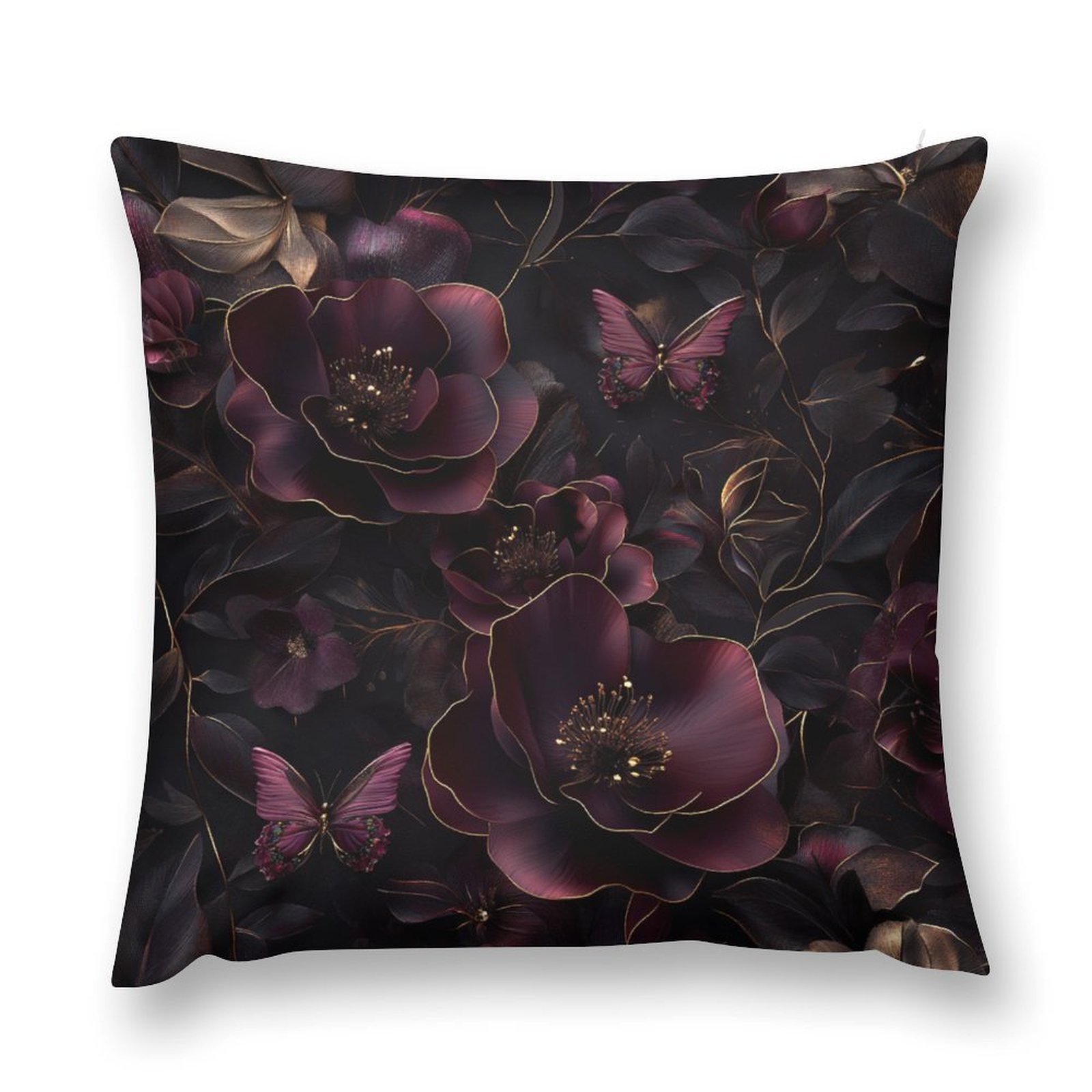 

1pc Style Polyester Throw Pillow Cover, Machine Washable, Zipper Closure, Woven Fabric, Burgundy And Golden Floral Print For Home Decor, Suitable For Room Types