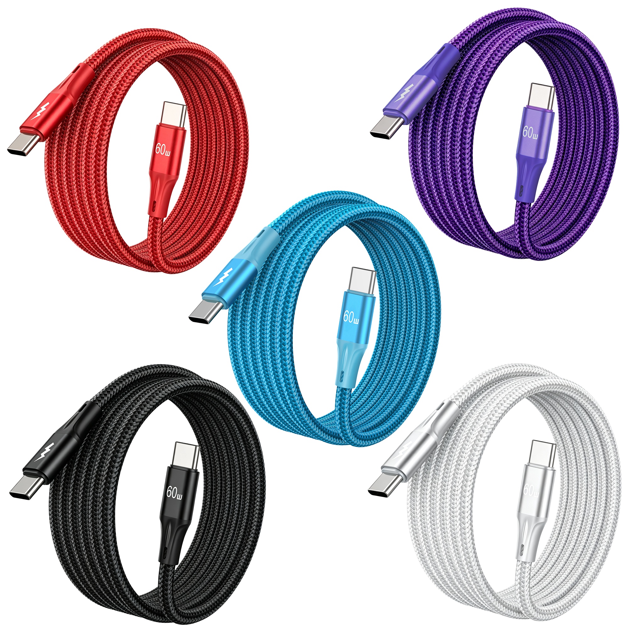 5pcs USB to USB-C Cable 60W Fast Charging, Durable Braided