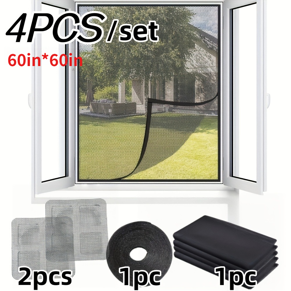 TEMU 4 piezas de mosquiteras autoadhesivas de fácil instalación para ventanas - Malla invisible para dormitorio y , ajuste de 60In X 60In, ganchos