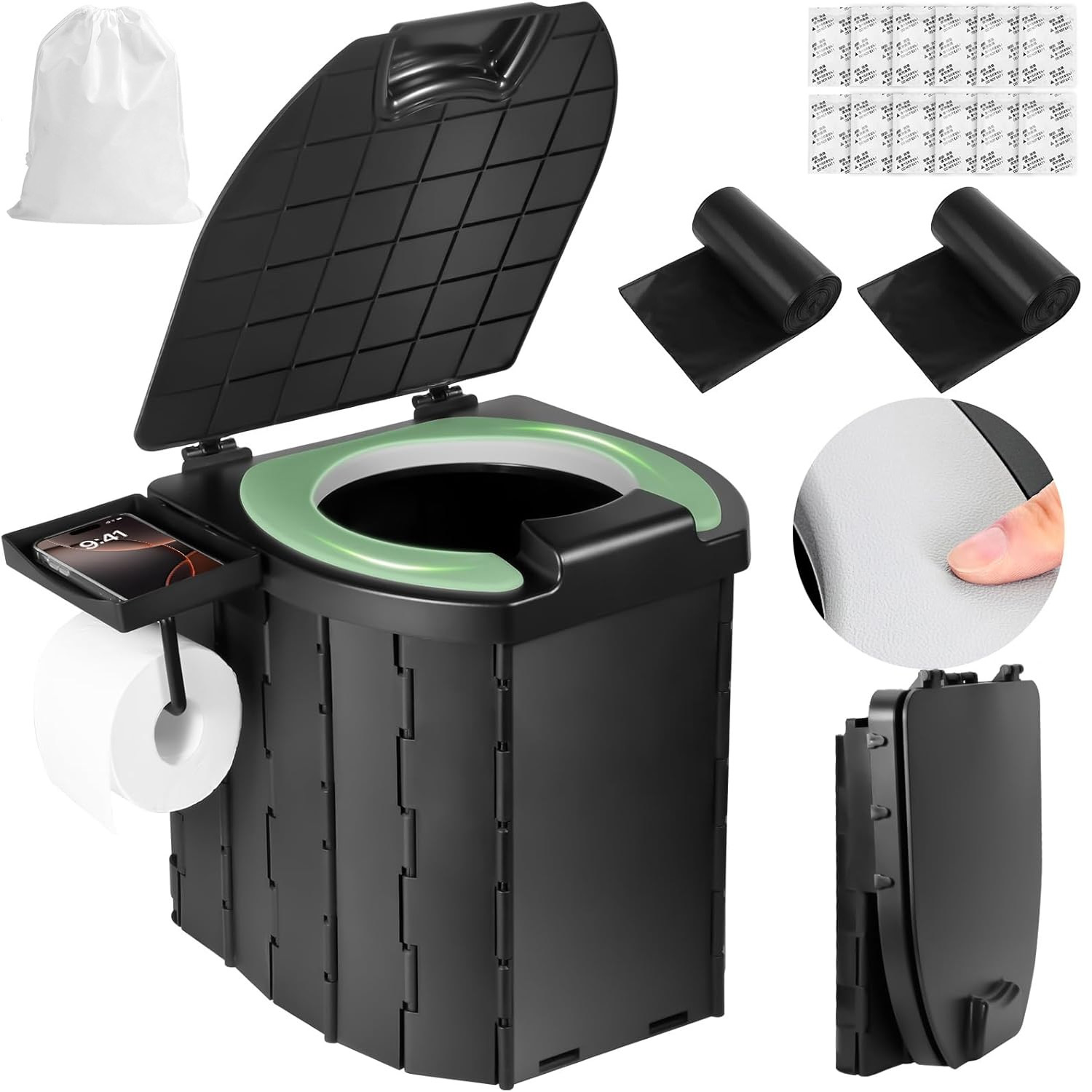 Collapsible Travel Toilet 5l, Heavy Duty 204kg Capacity And Integrated Splash Shield, Outdoor Essential