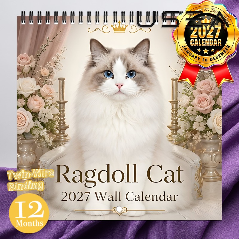 TEMU 2027 Wall Calendar, 2027 Ragdoll Cat Wall Calendar, 12-month Yearly Organizer, Twin Wire Spiral Binding, Us Holidays, Large Blocks, Elegant