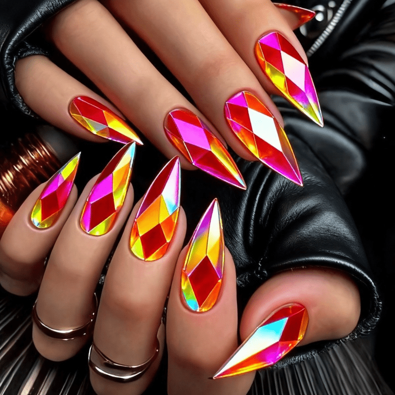 Set Of 48 Medium Stiletto-shaped Press-on Nails Featuring An Iridescent Rainbow Diamond Cut Design, Complete With A Nail File And Jelly Glue