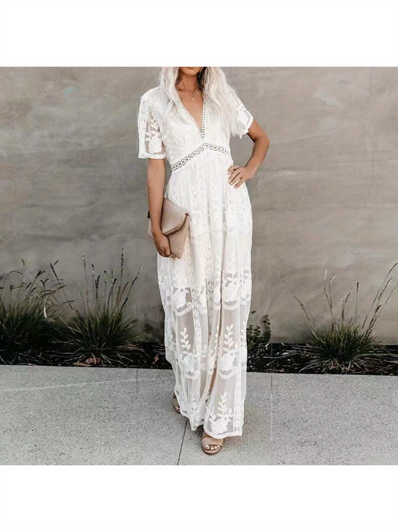 knee length dresses for ladies Boho High Waist Lace Cover Up Maxi Dress White / One Size
