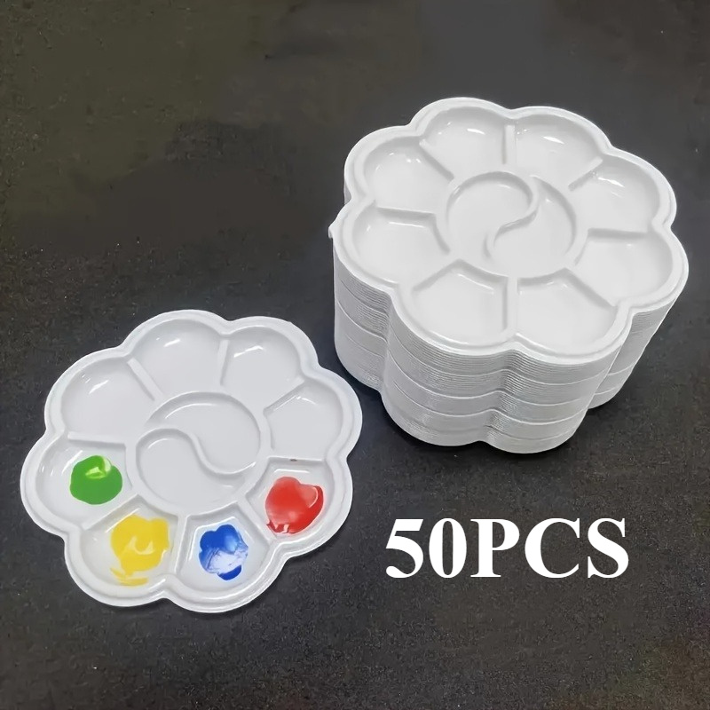 TEMU Set Of 50 Small Plastic Palettes Shaped Like Flowers For Mixing Watercolor, Acrylic, And Gouache Paints