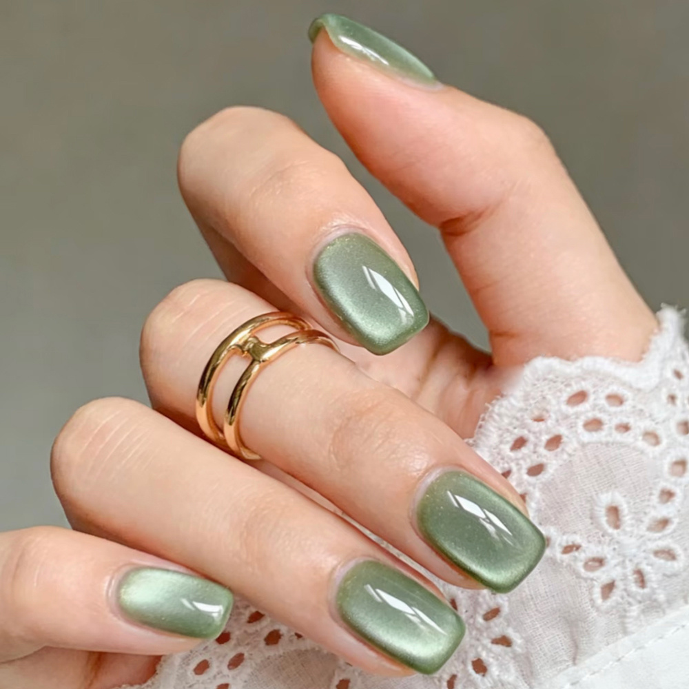 TEMU 24-teiliges Set Matcha-Grün Katzenauge-Press-On-Nägel, durchscheinende olivgrüne kurze quadratische Nagelaufkleber, hochwertige abnehmbare