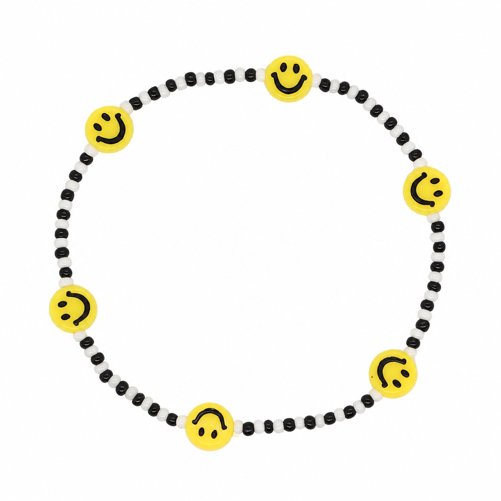 TEMU 1pc Cute Y2k Style Soft Clay Women's Fashion Bracelet, Yellow Round With Symbols And Black White Small Beads Alternating Stringing, Soft Clay