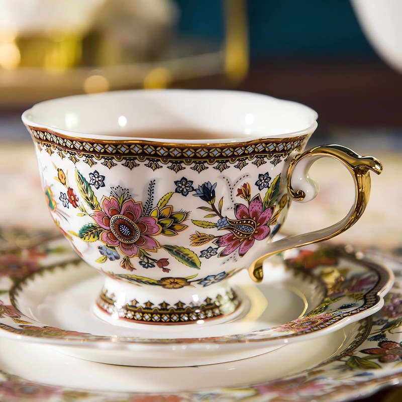  vintage floral bone china tea cup and saucer set for 1 - elegant 6.8oz tea service with  , pink/red/blue/green/white/black/golden floral patterns, durable & lightweight, gift box included - ideal for  , weddings, housewarming -   set with embossed flowers design, high-temperature   for long- ,   coffee or tea,   matching saucer and spoon, teacup, cups for tea Product details 3