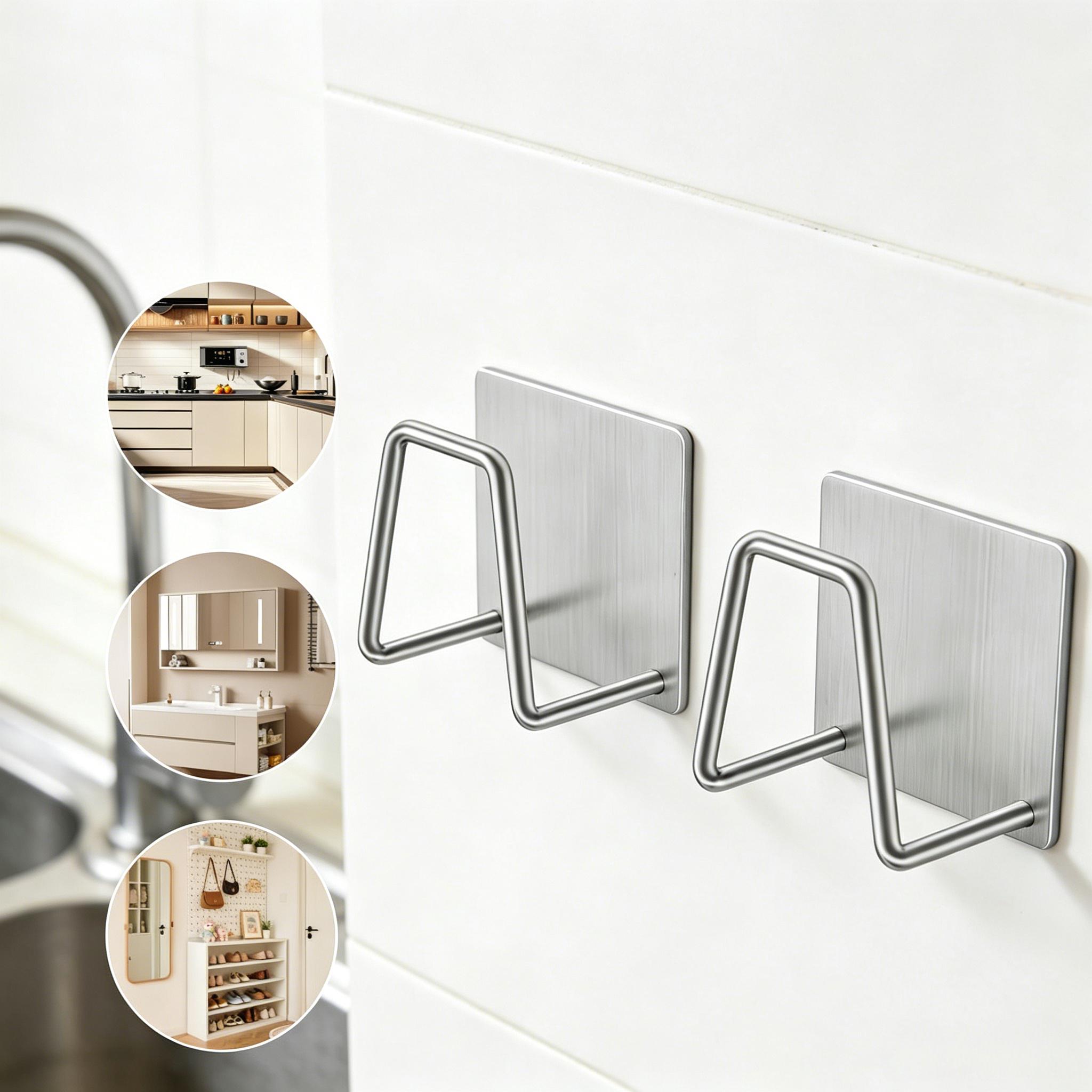 TEMU 2pcs Stainless Steel Strong Adhesive Hook, Sponge Holders For Kitchen Sink, Sus304 Sponge Caddy Organizer, Wall/surface Mount, Drainage Design,