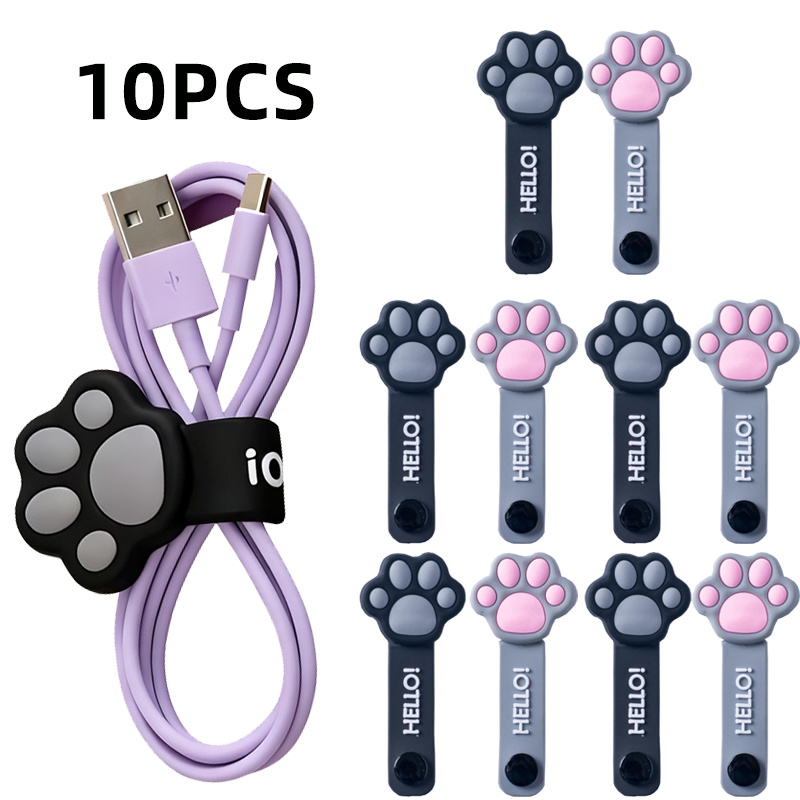 TEMU 10pcs, Cartoon Cat Paw Spiral Winding Device, Durable Silicone, Portable Cable Organizer, Headphone Cable/data Cable/charging Cable Organizer ,