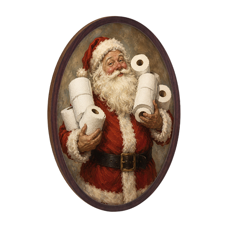 TEMU 2d Flat, 1pc Oval Wooden Framed Santa Wall Art, Vintage Funny Santa Holding Toilet Paper Print, Rustic Christmas Decor, Xmas Gift For Bathroom