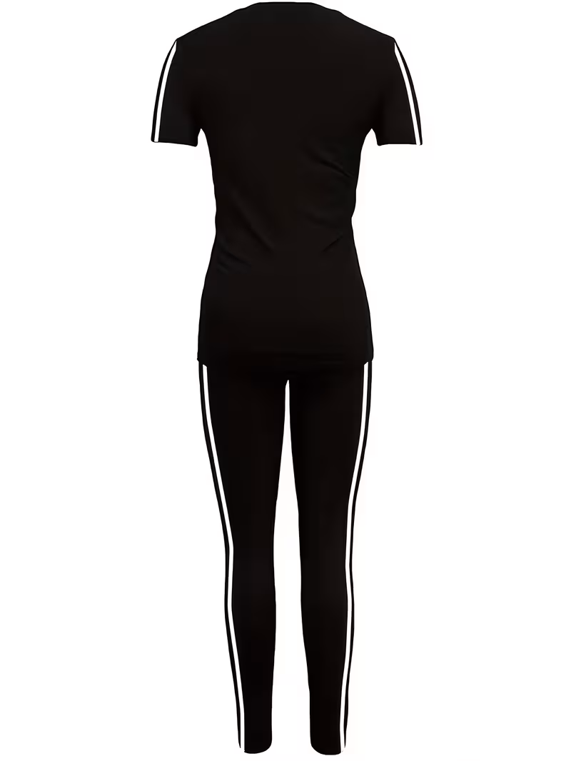 women s spring summer sports short sleeve long pants set side stripes graphic print running two piece set 1