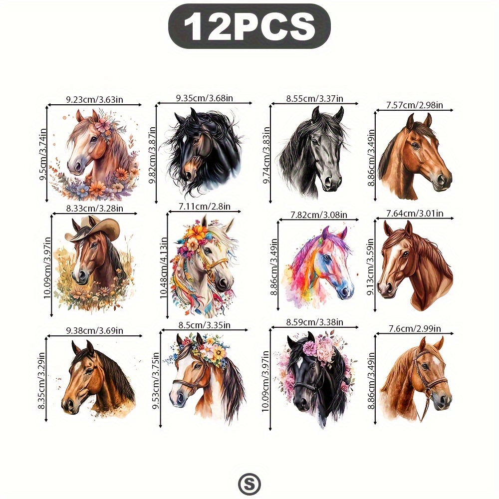 E-shop Set mit 12 Aquarell-Appliquen mit Landhauspferden und Blumen, für Projekte. Ideal für Kleidung wie T-Shirts, Jeans und Rucksäcke. Diese