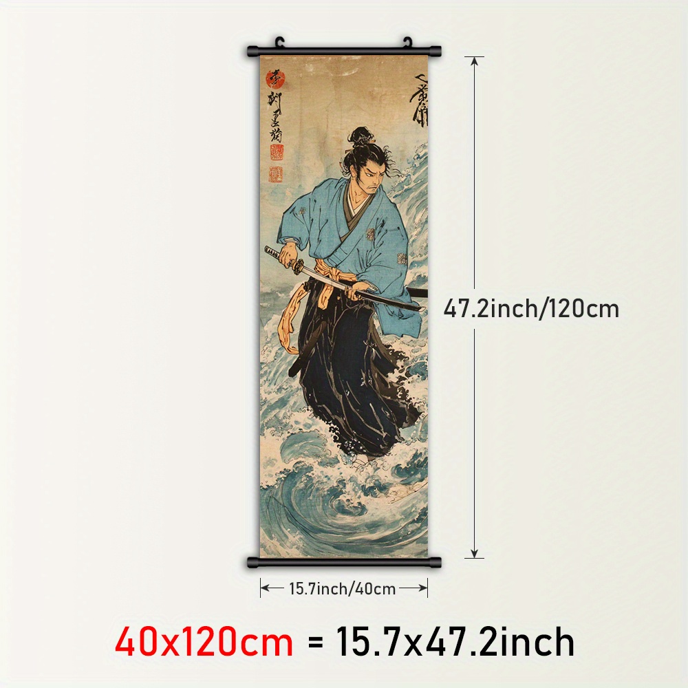 TEMU 1pc Japanese Wall Art - Traditional Plastic Framed Canvas Print With Waves & Design, Asian-inspired Vertical Hanging Painting For Indoor/outdoor