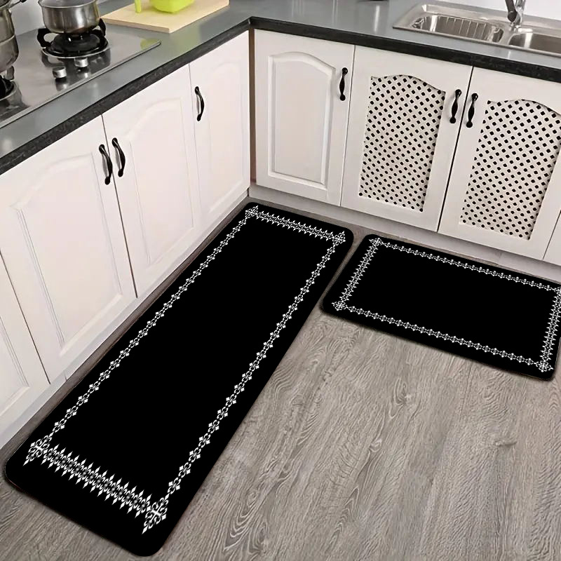 TEMU 1pc Thick 1.1cm Kitchen Floor Mat, Black Easy Pattern Printed Floor Mat Thickened Non-slip Wear-resistant Suitable For Room Porch Balcony And