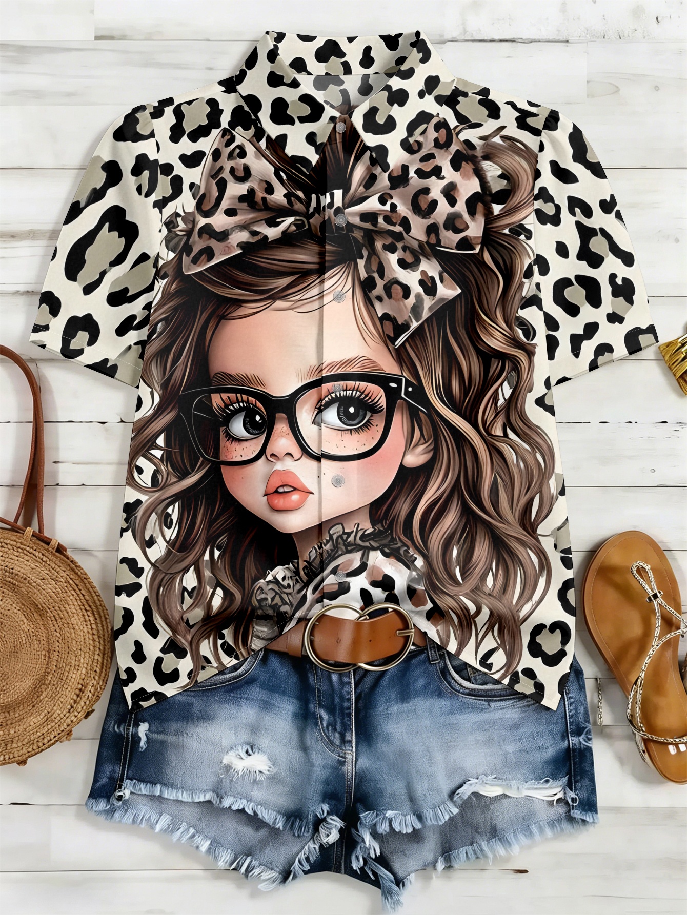 item picture fashion leopard print little pattern womens short sleeve shirt summer new casual versatile style