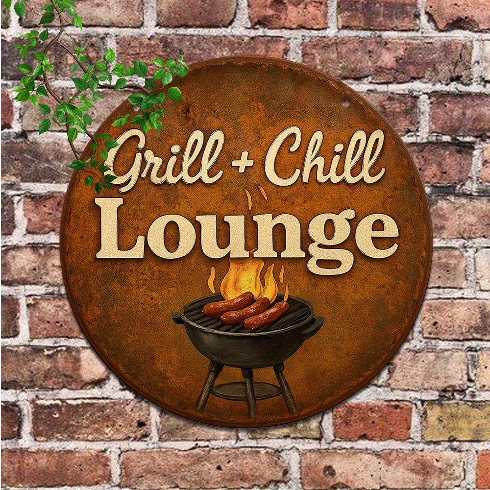Image of 1pc Vintage "grill + Lounge" Metal Sign, 8"x8", Rustic Aluminum Wall Decor For Bbq Area, Home, Kitchen, Cafe, Office, Bar - Multipurpose Indoor/outdoor Hanging Art, Barbecue Deco